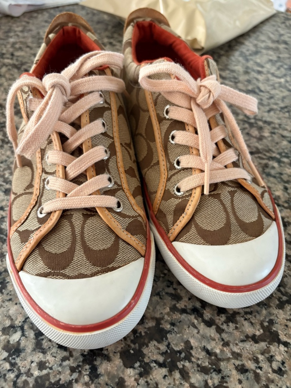 COACH Barrett Logo Print Comfort Sneakers Brown Beige Leather Fabric Women's 8M - Picture 7 of 7